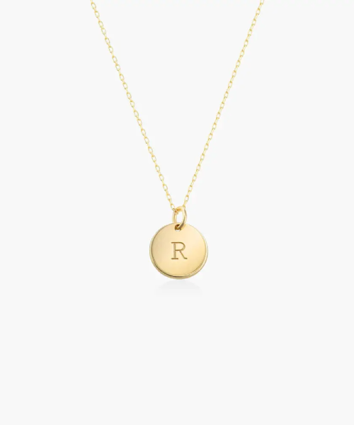 14k Solid Gold Initial or Disc Pendant — ~$230–$290+ — product photograph