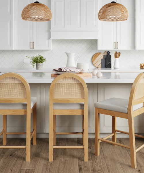 Bouclé & Rattan Counter Stools — ~$270 each / ~$1,000 set of 4 — product photograph
