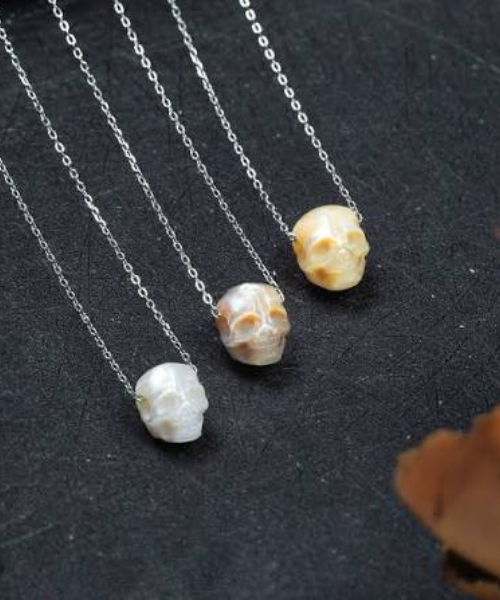 Minimalist Pearl Skull Necklace — ~$70 — product photograph